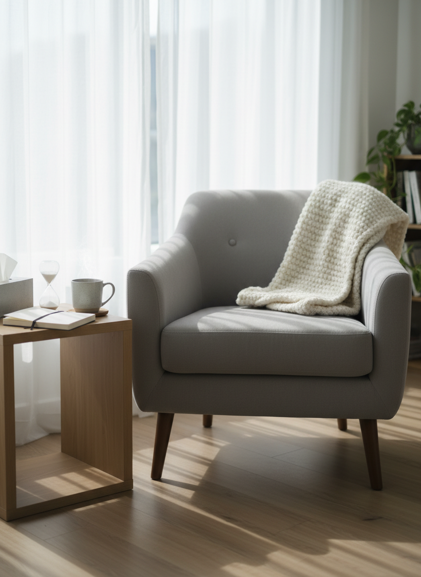 A neatly arranged therapy space vignette featuring a light gray upholstered armchair with a soft wool throw folded over the arm and an open, linen-covered journal resting on a pale oak side table. A box of unscented tissues, a ceramic mug of herbal tea, and a small sand timer create a sense of quiet ritual. The scene sits near a large window with sheer white curtains, bathed in diffused late-morning natural light that casts gentle, elongated shadows. Photographic realism with a clean, modern aesthetic, shot at eye level with a shallow depth of field, keeping the armchair and table in crisp focus while the background dissolves into a calm blur, creating an atmosphere of safety, warmth, and professional support.