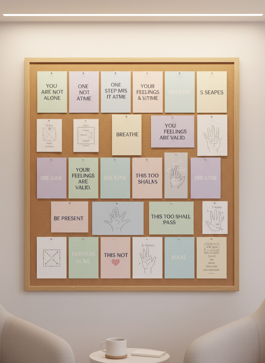 A large corkboard mounted on a soft white wall in a counseling office, covered with neatly pinned affirming phrases and coping strategy cards printed on thick pastel cardstock. Cards read supportive messages like “You are not alone,” “One step at a time,” and “Your feelings are valid,” in clean, professional typography. A few simple line-art diagrams of breathing exercises and grounding techniques are arranged thoughtfully. Warm, indirect ceiling lighting creates an even glow with minimal shadows, enhancing legibility and calm. Photographic realism, shot straight-on at eye level with sharp focus across the entire board. The composition is balanced and uncluttered, conveying clarity, organization, and a reassuring, non-judgmental therapeutic atmosphere tailored to adult clients.