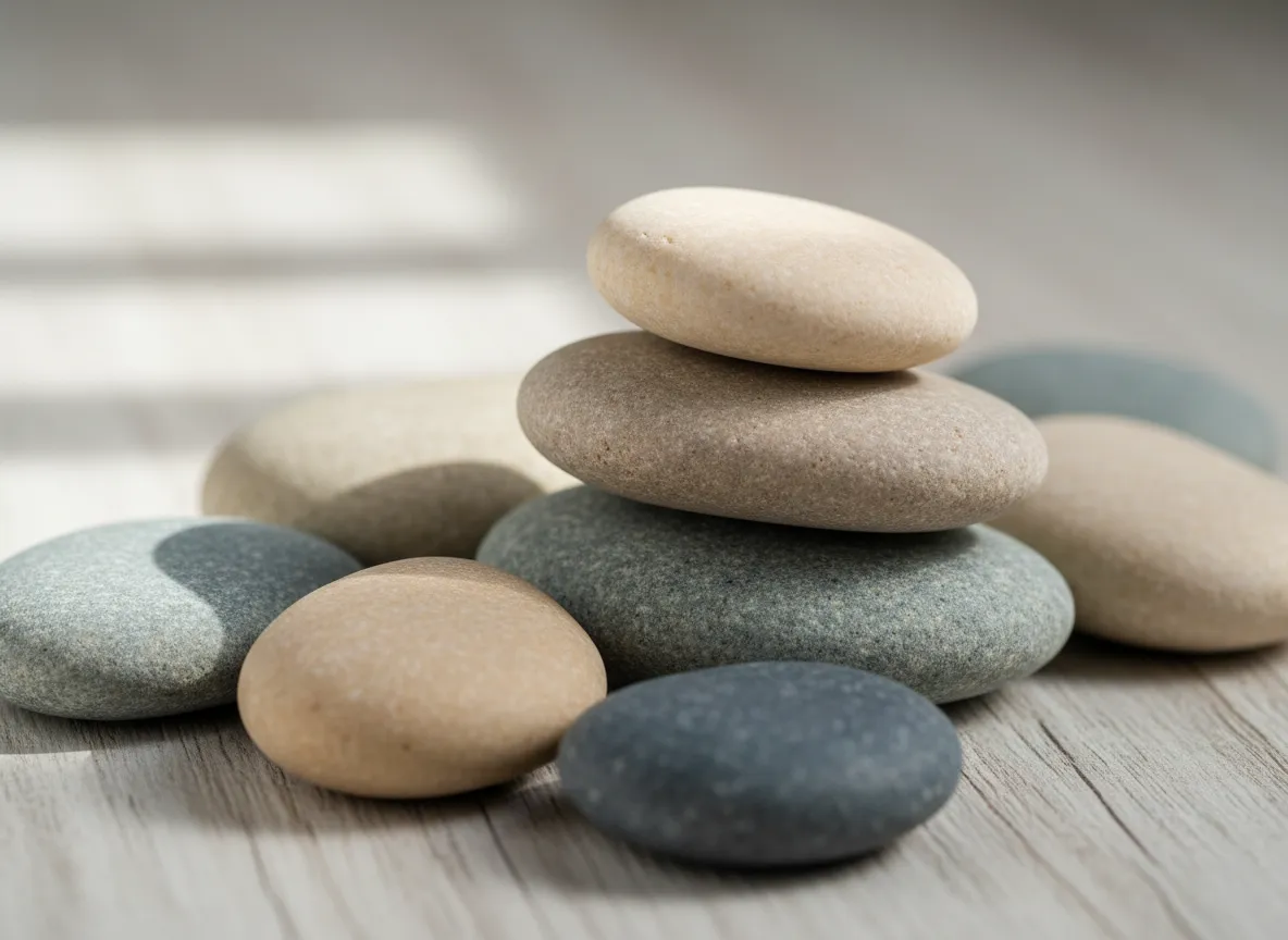 Stacked smooth river stones in soft natural light on a wooden surface, symbolizing balance and calm